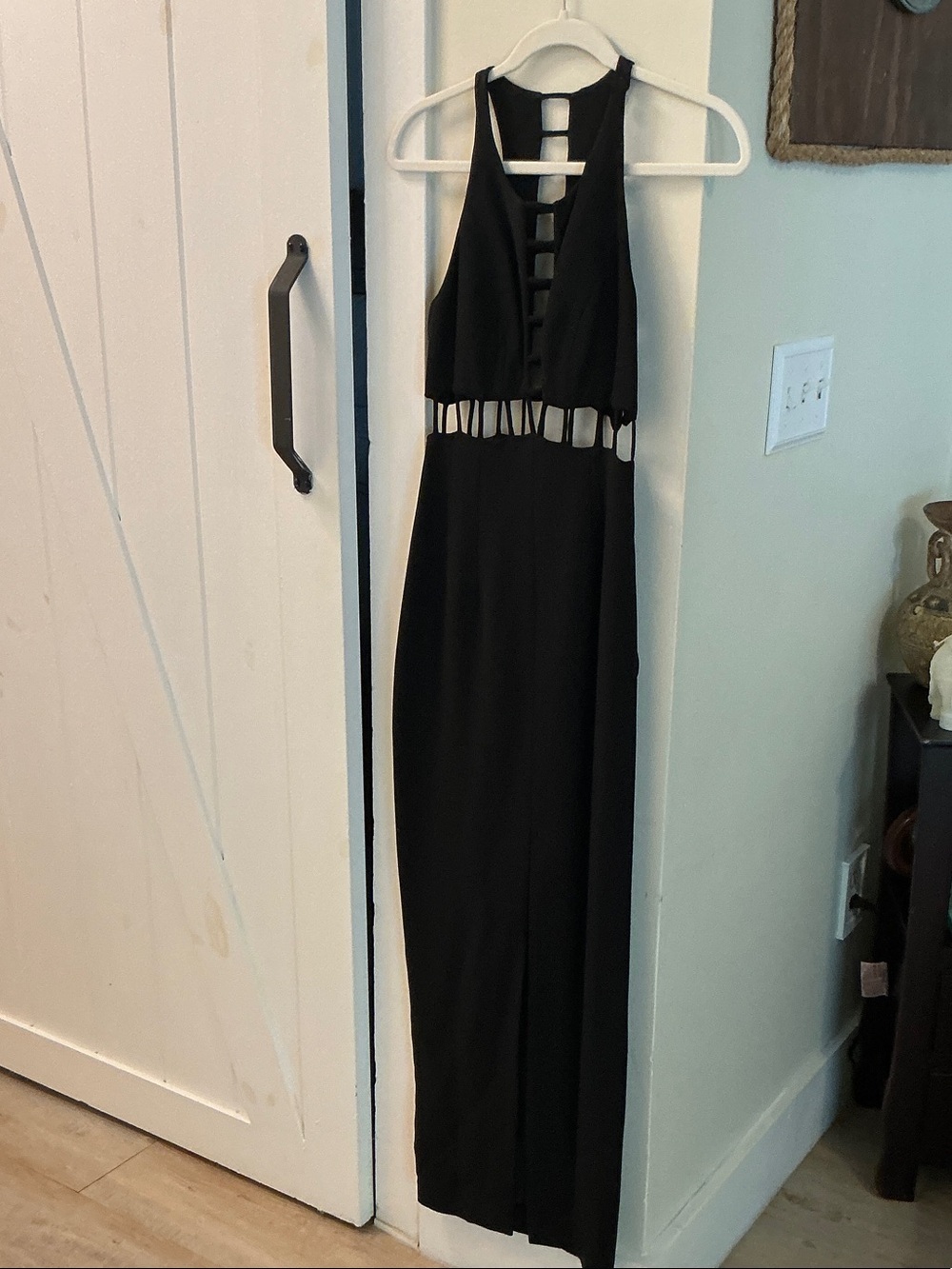Cache Black Halter Backless Maxi Dress with Ladder Cutouts